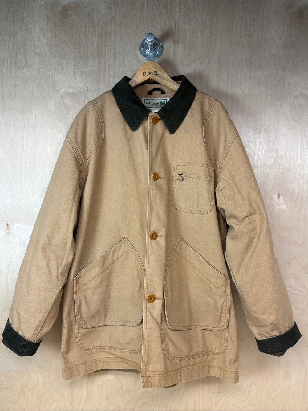 Vintage L.L. Bean Men’s Tan Canvas Chore Shooting Coat with Dark Green Corduroy